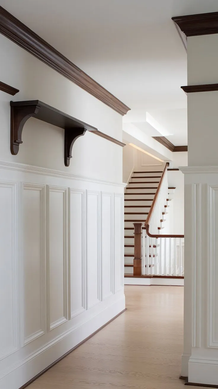This hallway with wainscoting is a masterclass in design. From the foyer entryway wainscoting to the thoughtful small hallway molding ideas, every detail elevates this long hallway inspiration. Perfect upstairs corridor ideas and blank wall hallway solutions for those seeking white paneling hallway elegance.