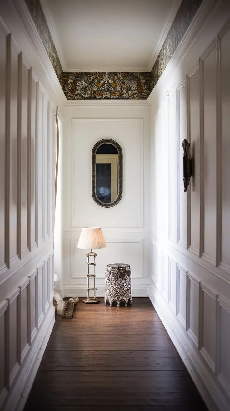 Elegant foyer entryway wainscoting sets the tone for this long hallway inspiration. The white paneling hallway, a stunning example of hallway millwork ideas, offers small hallway molding ideas and solves blank wall hallway ideas with style. Upstairs corridor ideas don't get more sophisticated.