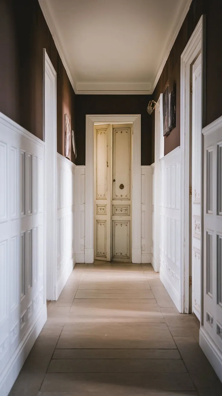 Elegant foyer entryway wainscoting sets the tone for this stunning hallway. The unique door designs and dark upper walls add drama to these hallway millwork ideas, offering small hallway molding ideas and blank wall hallway ideas for upstairs corridor ideas and long hallway inspiration. This white paneling hallway, a hallway with wainscoting, showcases wainscoting in hallway design at its finest.