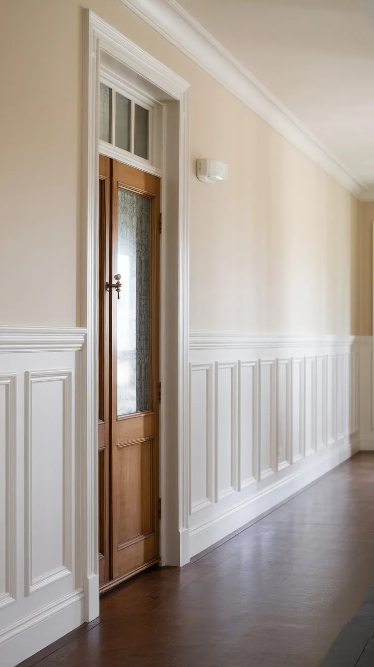This hallway with wainscoting is a masterclass in long hallway inspiration. The wainscoting in hallway, extending to the ceiling, elevates this small space. Consider these hallway millwork ideas and blank wall hallway ideas for your own upstairs corridor. The white paneling hallway is a testament to the power of simple, yet sophisticated, design.