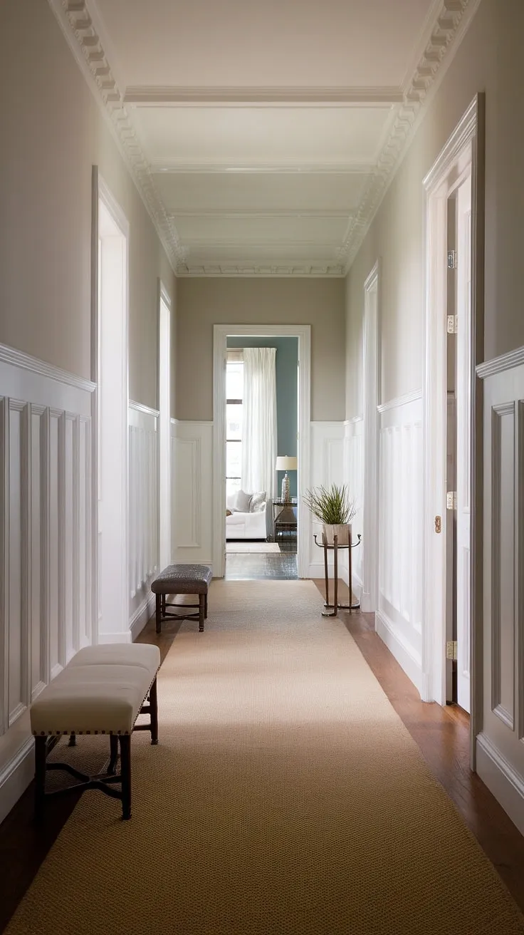 Elegant foyer entryway wainscoting sets the tone for this long hallway inspiration. Note the clever use of small hallway molding ideas and blank wall hallway ideas to maximize space and style. Upstairs corridor ideas don't get much better than this hallway with wainscoting.