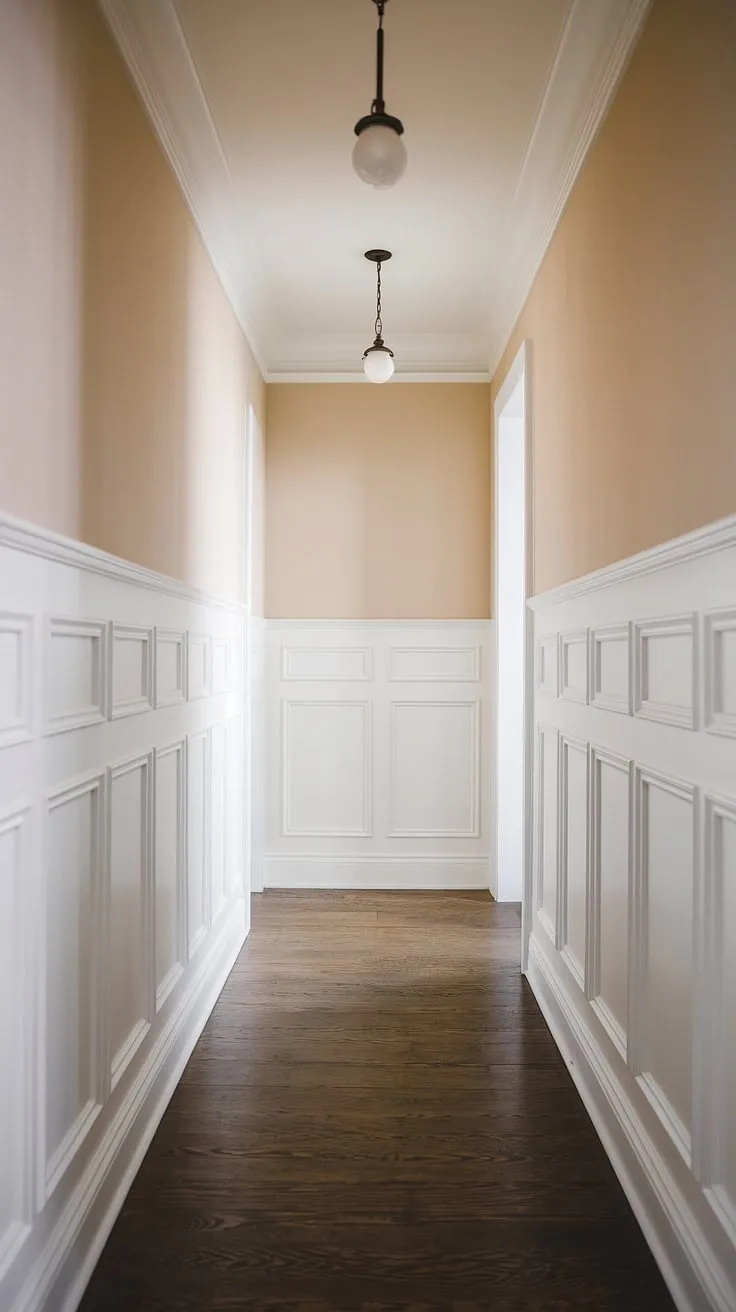 Elegant foyer entryway wainscoting sets the tone for this long hallway inspiration. Small hallway molding ideas like this elevate the space, offering a perfect blank wall hallway ideas canvas.