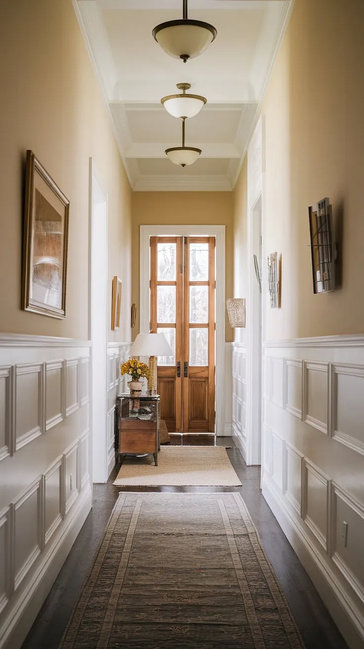 Elegant foyer entryway wainscoting sets the tone for this long hallway, showcasing stunning hallway millwork ideas and small hallway molding ideas. The white paneling hallway offers blank wall hallway ideas, perfect upstairs corridor ideas, and long hallway inspiration.