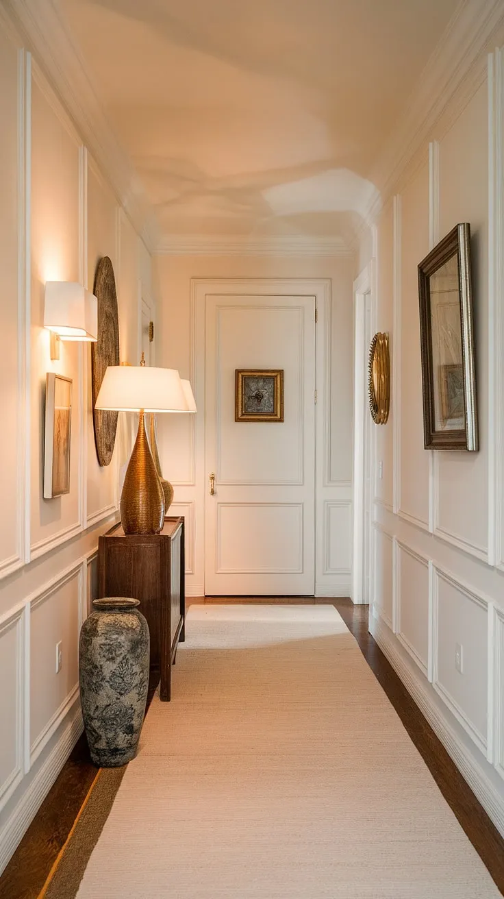 This inviting hallway with wainscoting offers a wealth of inspiration for those looking for upstairs corridor ideas. The white paneling hallway creates a bright and airy feel, while the wainscoting adds a touch of classic elegance. Consider this a perfect example of small hallway molding ideas and blank wall hallway ideas, showcasing how simple millwork can transform a long hallway. The foyer entryway is instantly elevated with the addition of subtle decor, making this a stunning example of long hallway inspiration.