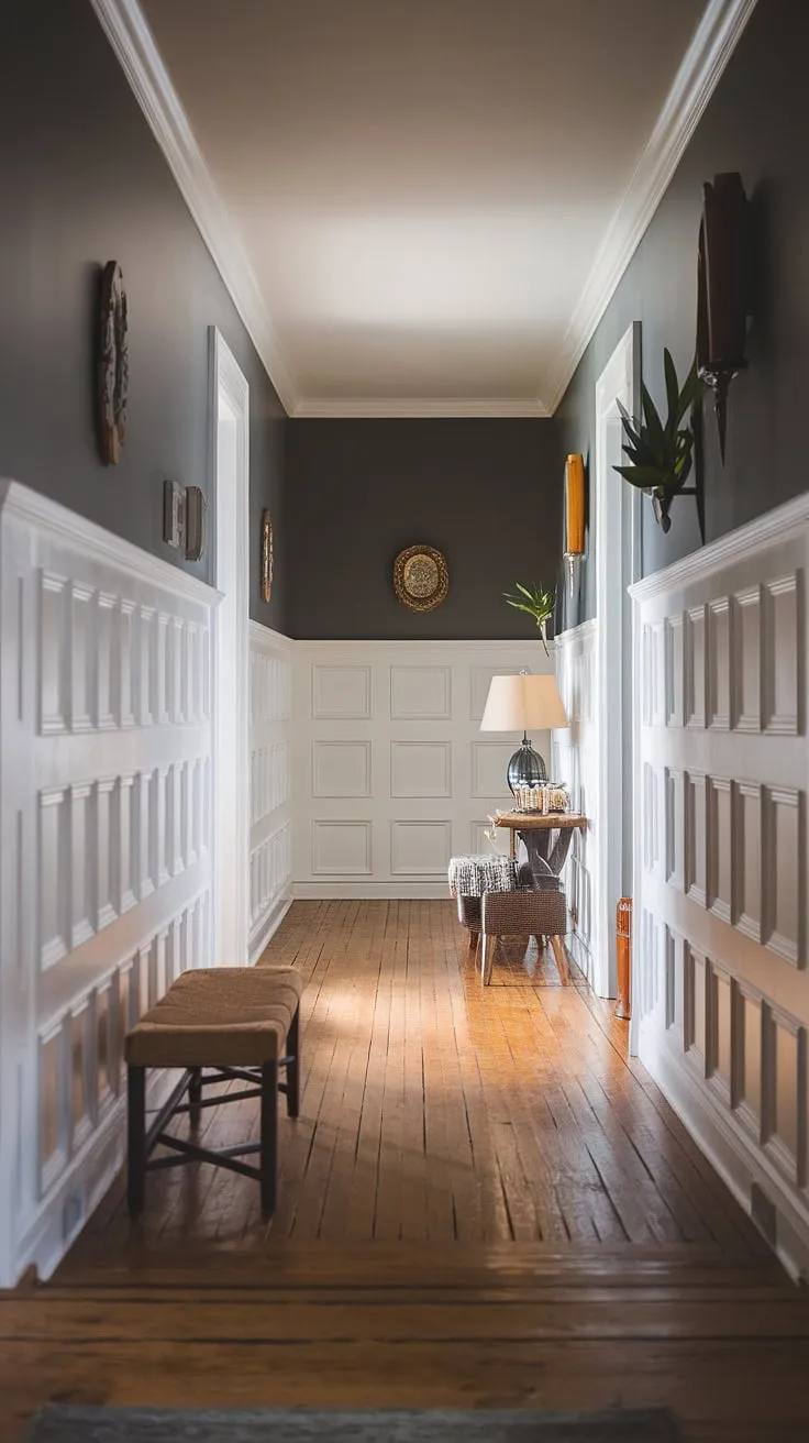 The sophisticated wainscoting in this hallway transforms a simple upstairs corridor into a design statement. This long hallway inspiration utilizes white paneling hallway design, creating a striking contrast with the dark gray upper walls. The use of wainscoting in a hallway is a clever solution for blank wall hallway ideas, showcasing small hallway molding ideas with impactful results. This foyer entryway wainscoting is a masterclass in hallway millwork ideas, proving that even a small space can be elevated with thoughtful design.