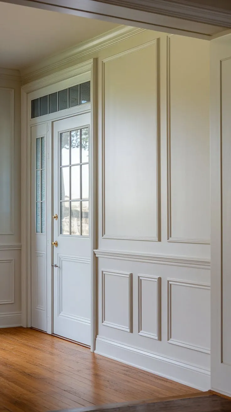 This hallway with wainscoting showcases the beauty of foyer entryway wainscoting. From hallway millwork ideas to small hallway molding ideas, the white paneling hallway and wainscoting in hallway transform this space. Perfect long hallway inspiration for those seeking elegant upstairs corridor ideas and blank wall hallway ideas.