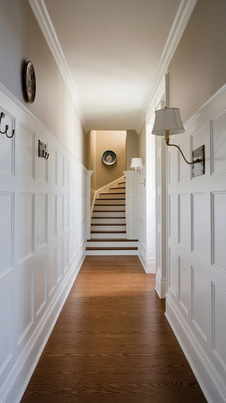 This upstairs corridor ideas showcases the beauty of wainscoting in hallway design. The white paneling hallway and dark wood floor create a classic contrast. These hallway with wainscoting and small hallway molding ideas are perfect long hallway inspiration, offering a sophisticated and welcoming foyer entryway.
