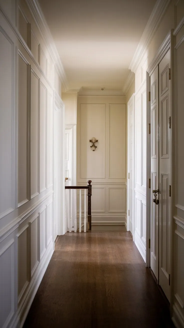 This hallway with wainscoting offers a wealth of hallway millwork ideas and small hallway molding ideas. The white paneling hallway, featuring wainscoting near the floor, creates a bright and airy atmosphere in this long hallway inspiration. The dark hardwood floor and the glimpse of a staircase at the end add depth and visual interest to this upstairs corridor ideas. Perfect for those seeking blank wall hallway ideas, this foyer entryway demonstrates the transformative power of wainscoting in a hallway.