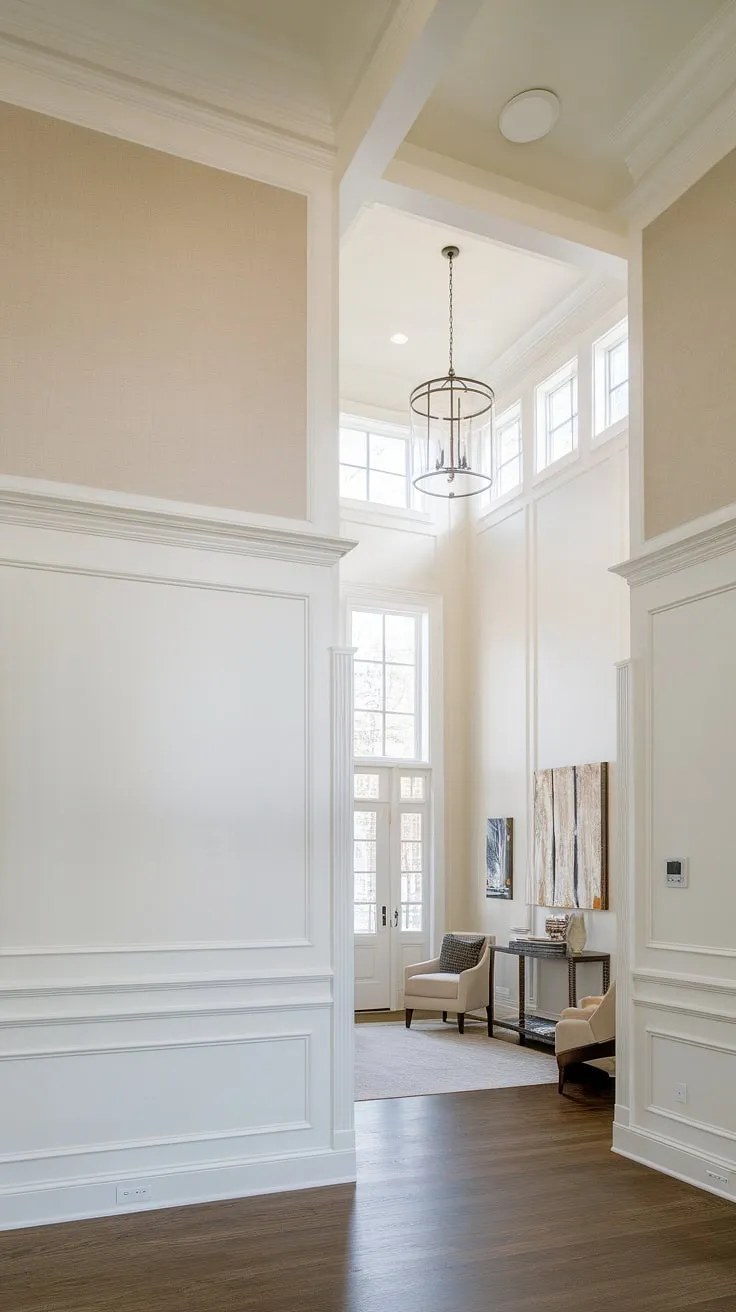 This hallway with wainscoting offers a stunning example of wainscoting in a hallway, transforming a simple foyer entryway into a statement piece. Consider these small hallway molding ideas and blank wall hallway ideas for your own upstairs corridor ideas and long hallway inspiration.