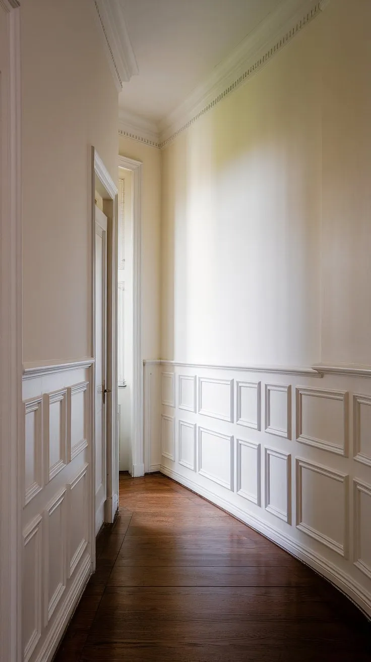 Elegant foyer entryway wainscoting transforms this long hallway into a stunning statement. Hallway millwork ideas like this elevate the space, offering small hallway molding ideas and blank wall hallway ideas all in one. Upstairs corridor ideas don't get much better than this long hallway inspiration.