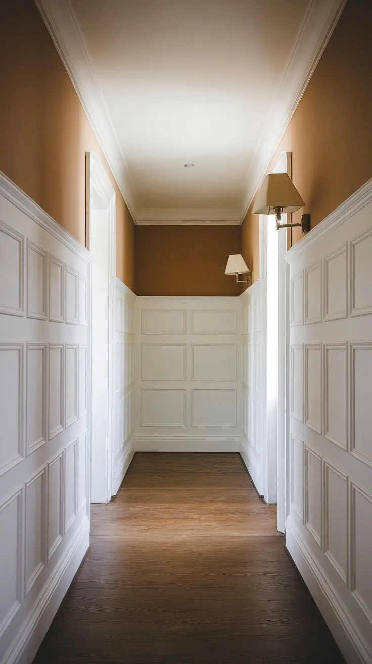 This long hallway inspiration boasts exquisite wainscoting in hallway, a perfect example of hallway millwork ideas. The white paneling hallway and small hallway molding ideas cleverly address blank wall hallway issues, creating a sophisticated foyer entryway and upstairs corridor ideas. A hallway with wainscoting this beautiful is truly timeless.