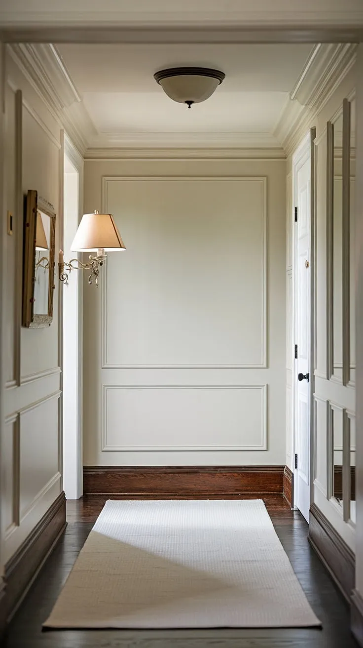 This hallway with wainscoting showcases the beauty of wainscoting in hallway design. From small hallway molding ideas to long hallway inspiration, this foyer entryway wainscoting provides a stunning example of white paneling hallway solutions for blank wall hallway ideas and upstairs corridor ideas.