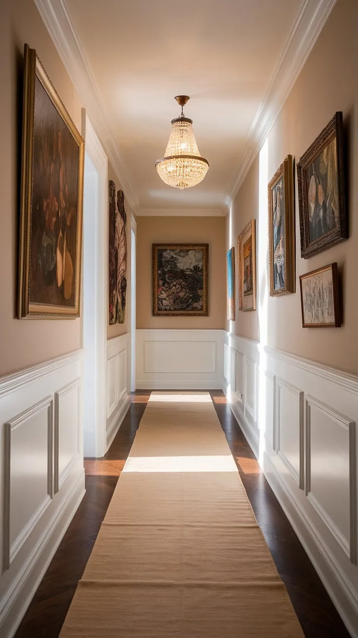 A grand foyer entryway unfolds, showcasing elegant wainscoting in hallway design. The beige-silk runner softens the long hallway, while a stunning chandelier and diverse artwork—from a large statement piece to smaller accents—transform this upstairs corridor into a gallery of hallway millwork ideas. Small hallway molding ideas are subtly incorporated, offering inspiration for blank wall hallway ideas and demonstrating the transformative power of white paneling hallway. This long hallway inspiration proves that even a simple hallway with wainscoting can be a showstopper.