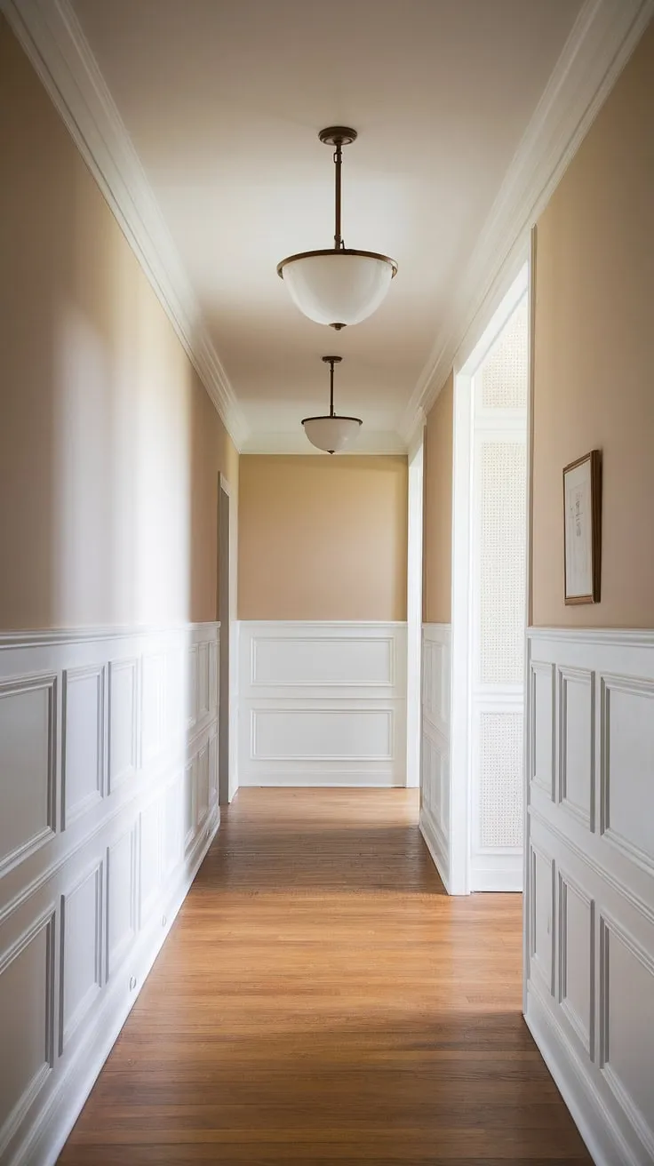 Elegant foyer entryway wainscoting sets the tone for this long hallway inspiration. Hallway millwork ideas like this elevate even a small hallway, offering endless blank wall hallway ideas and upstairs corridor ideas.
