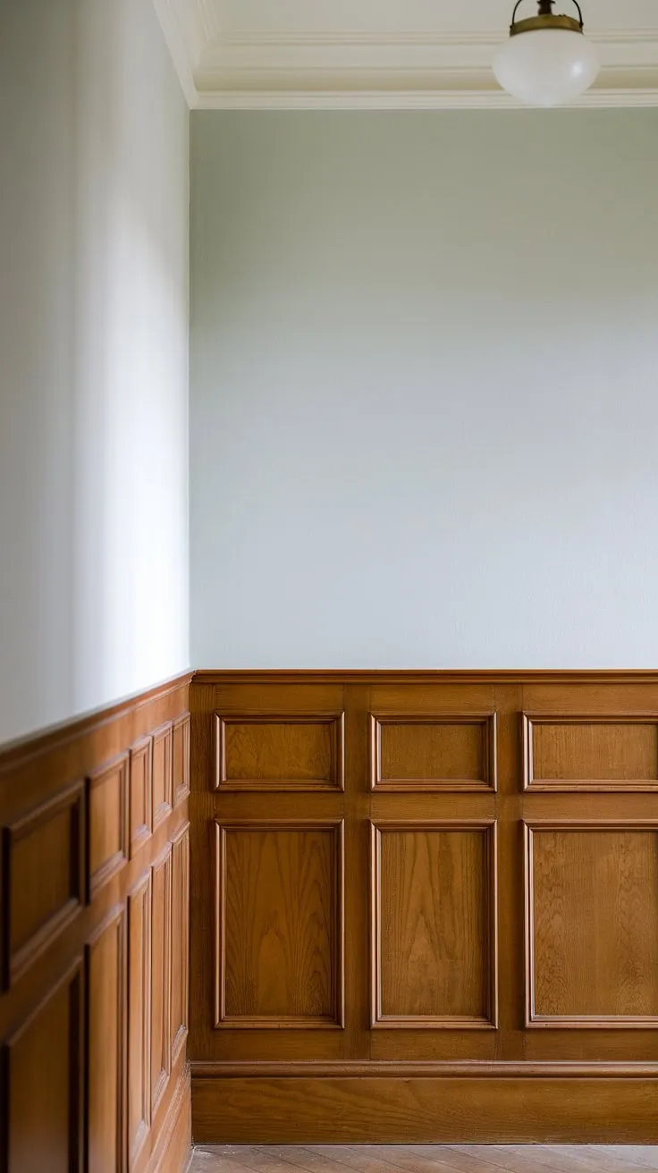 A hallway with wainscoting doesn't have to be boring! This long hallway inspiration features white paneling hallway, extending to mid-wall, creating a sophisticated look. The light blue above adds a touch of color, making it a perfect example of small hallway molding ideas and blank wall hallway ideas. This upstairs corridor ideas showcases the beauty of wainscoting in hallway, offering a fresh take on hallway millwork ideas for your foyer entryway.