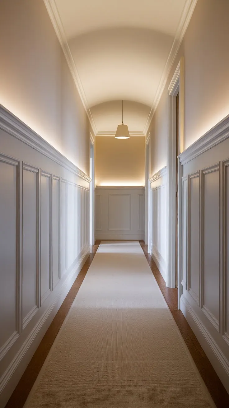 This hallway with wainscoting is the epitome of long hallway inspiration. The white paneling hallway and wainscoting in hallway add sophistication, offering clever small hallway molding ideas and blank wall hallway ideas. Perfect for upstairs corridor ideas and showcasing foyer entryway wainscoting.