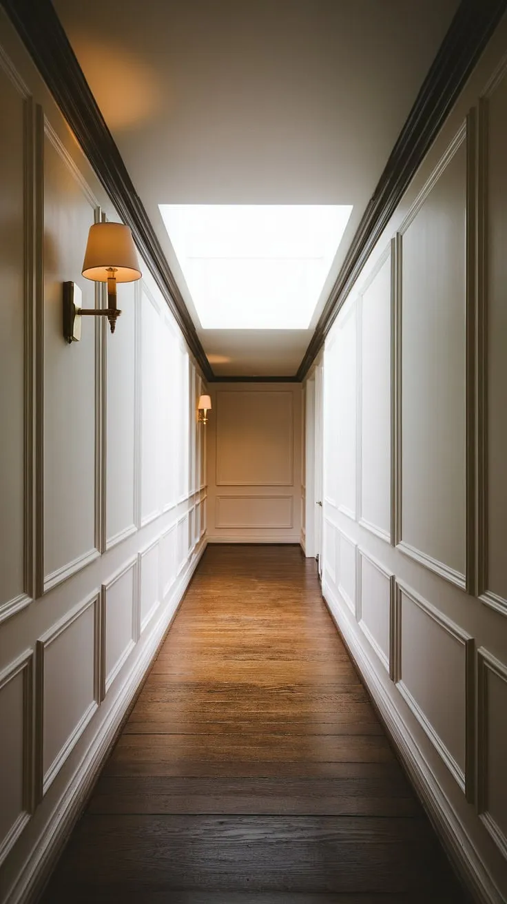 Sunlight streams through the skylight at the end of this long hallway, illuminating the elegant white paneling hallway and showcasing the intricate wainscoting. The dark wood floor and subtle millwork create a sophisticated atmosphere, perfect for hallway with wainscoting design inspiration. This foyer entryway offers plenty of blank wall hallway ideas for personal touches, making it a stunning example of upstairs corridor ideas and small hallway molding ideas. This hallway with wainscoting is a testament to the power of simple elegance in long hallway inspiration.
