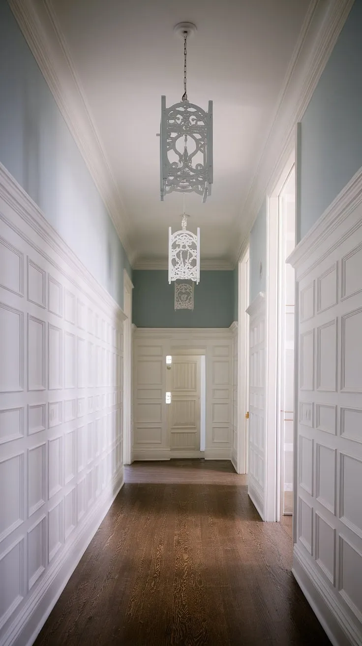 This long hallway, a stunning example of upstairs corridor ideas, showcases elegant white paneling hallway wainscoting that extends to the ceiling. The light blue upper walls and dark wood floors create a sophisticated contrast. Three delicate lanterns add a touch of charm, making this foyer entryway a welcoming space. For small hallway molding ideas or blank wall hallway ideas, this hallway with wainscoting offers inspiring hallway millwork ideas and long hallway inspiration. The wainscoting in hallway is a beautiful focal point.