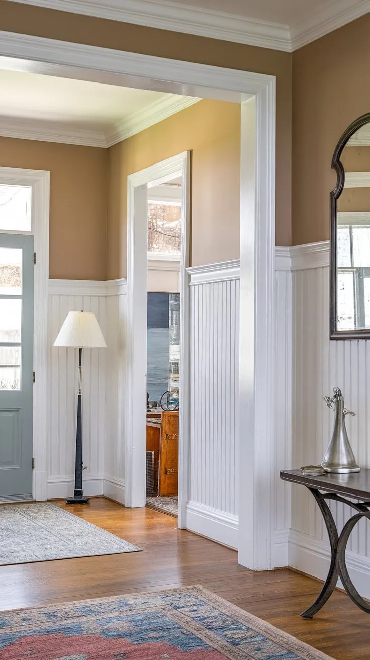 This hallway with wainscoting showcases a stunning example of white paneling hallway design. The wainscoting in hallway extends to a third of the wall height, creating a visually appealing division and offering small hallway molding ideas. This is a perfect illustration of hallway millwork ideas for a long hallway inspiration, transforming a blank wall hallway into a stylish and welcoming space. The rug and lighting add warmth, making it an ideal upstairs corridor ideas solution.