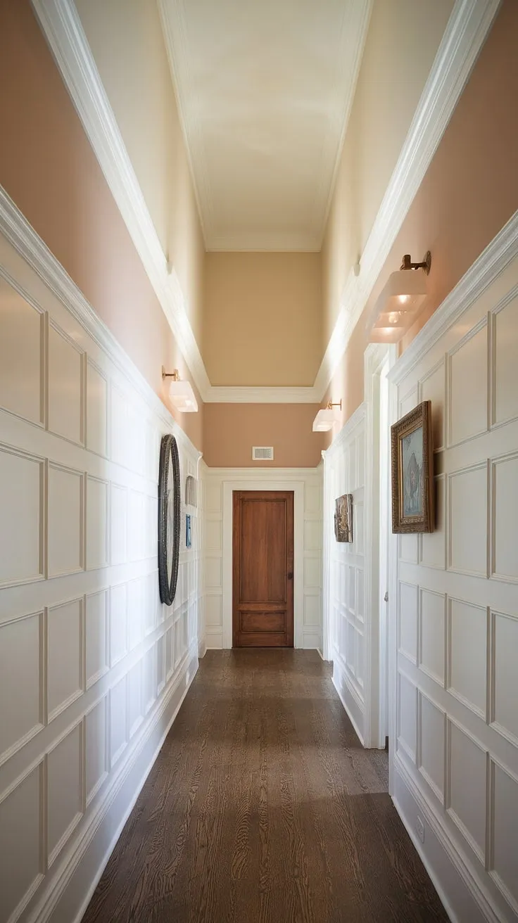 Elegant foyer entryway wainscoting sets the tone for this stunning home. The hallway millwork ideas, including small hallway molding ideas, transform this long hallway inspiration into a showstopper. White paneling hallway designs offer endless blank wall hallway ideas, perfect for upstairs corridor ideas.