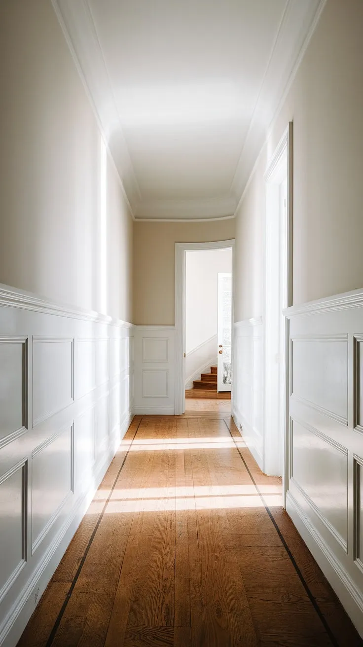 The pristine white paneling hallway, featuring wainscoting in hallway, is a dream for hallway with wainscoting enthusiasts. This image offers a wealth of hallway millwork ideas and small hallway molding ideas, proving that even a long hallway can feel welcoming and stylish. The simple elegance of the white paneling, coupled with the hardwood floors, provides a blank wall hallway inspiration for those seeking a clean and sophisticated upstairs corridor ideas. The view down the hallway towards the staircase is a perfect example of long hallway inspiration.