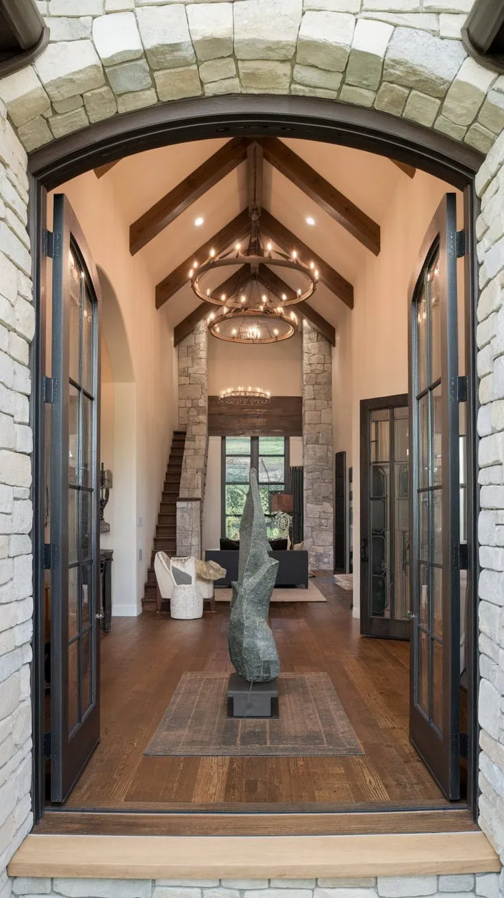 A stunning high-ceilinged foyer combines rustic stone and wood with modern elegance, featuring a dramatic chandelier, sculpture, and convenient access to other areas.