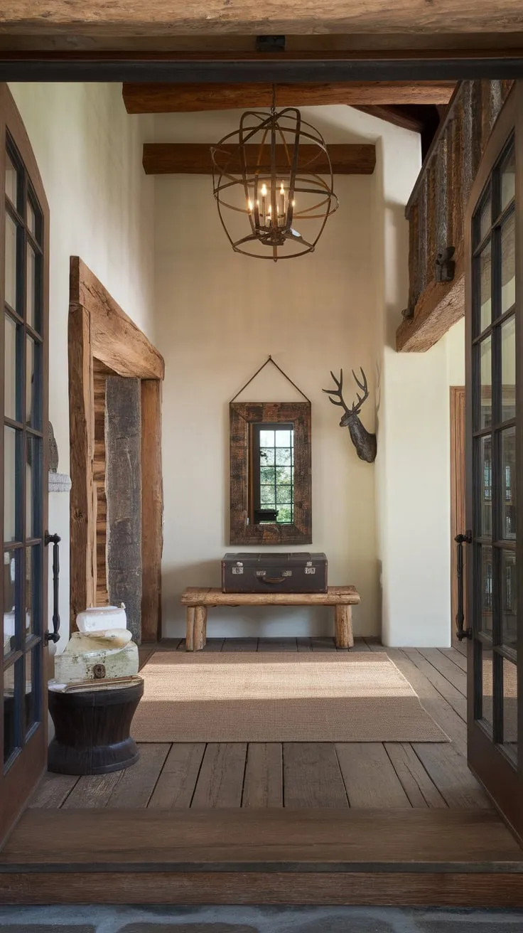 Soft lighting illuminates a wooden-floored foyer, where rustic charm meets luxury through a vintage suitcase, antler sculpture, and elegant chandelier.