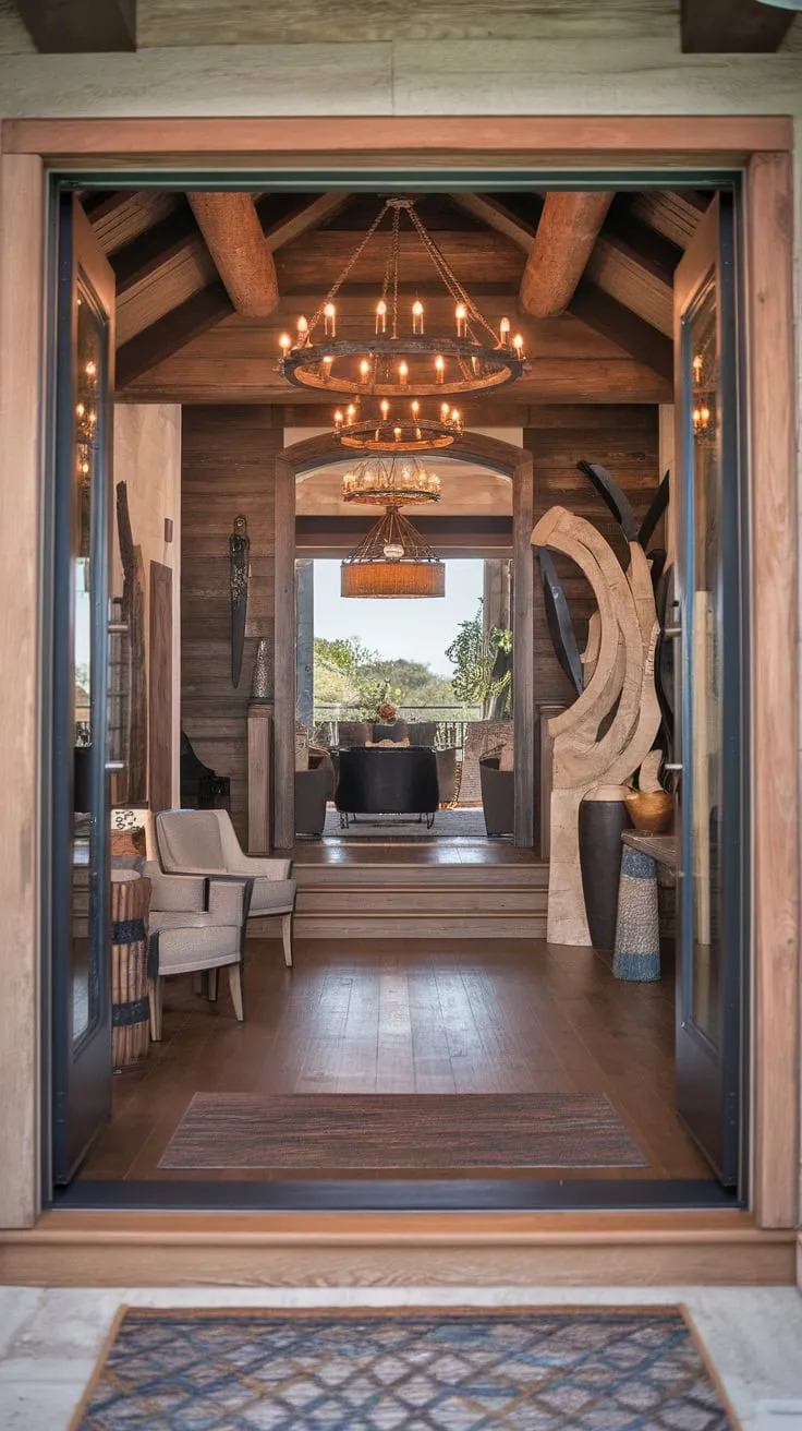 A rustic-chic foyer welcomes guests with warm wooden floors, a grand chandelier, and sculptural accents creating an inviting luxury home entrance.