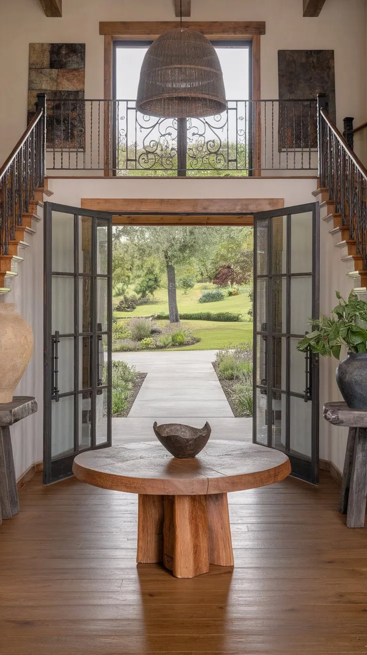 A luxurious yet rustic entryway boasts a wooden staircase, a large round table, and glass doors revealing a vibrant outdoor scene.