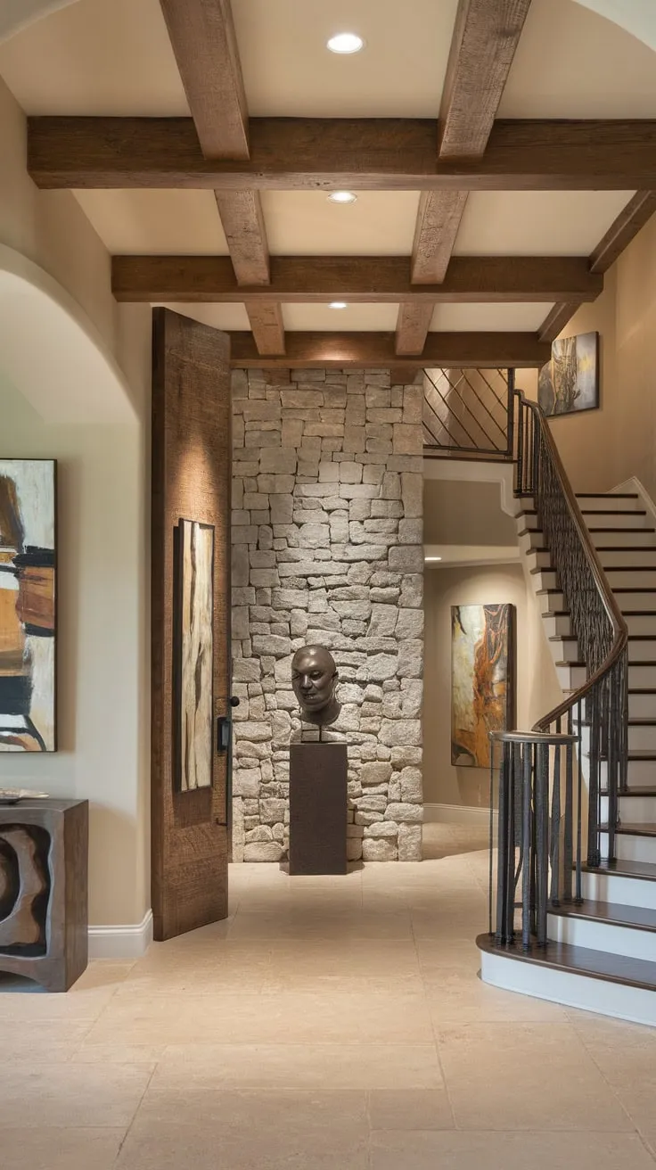 A rustic-chic foyer welcomes you with stone, wood beams, and modern art, setting the stage for a luxurious home experience