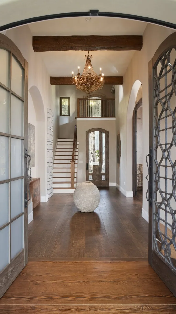 Grey walls and contrasting doors frame a captivating blend of rustic charm and high-end elegance in this home's grand foyer.