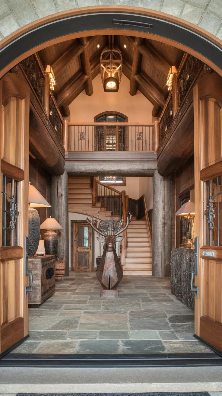 High ceilings and rustic wooden details create a luxurious and welcoming foyer entryway, complete with a stone floor and a dramatic metal sculpture.