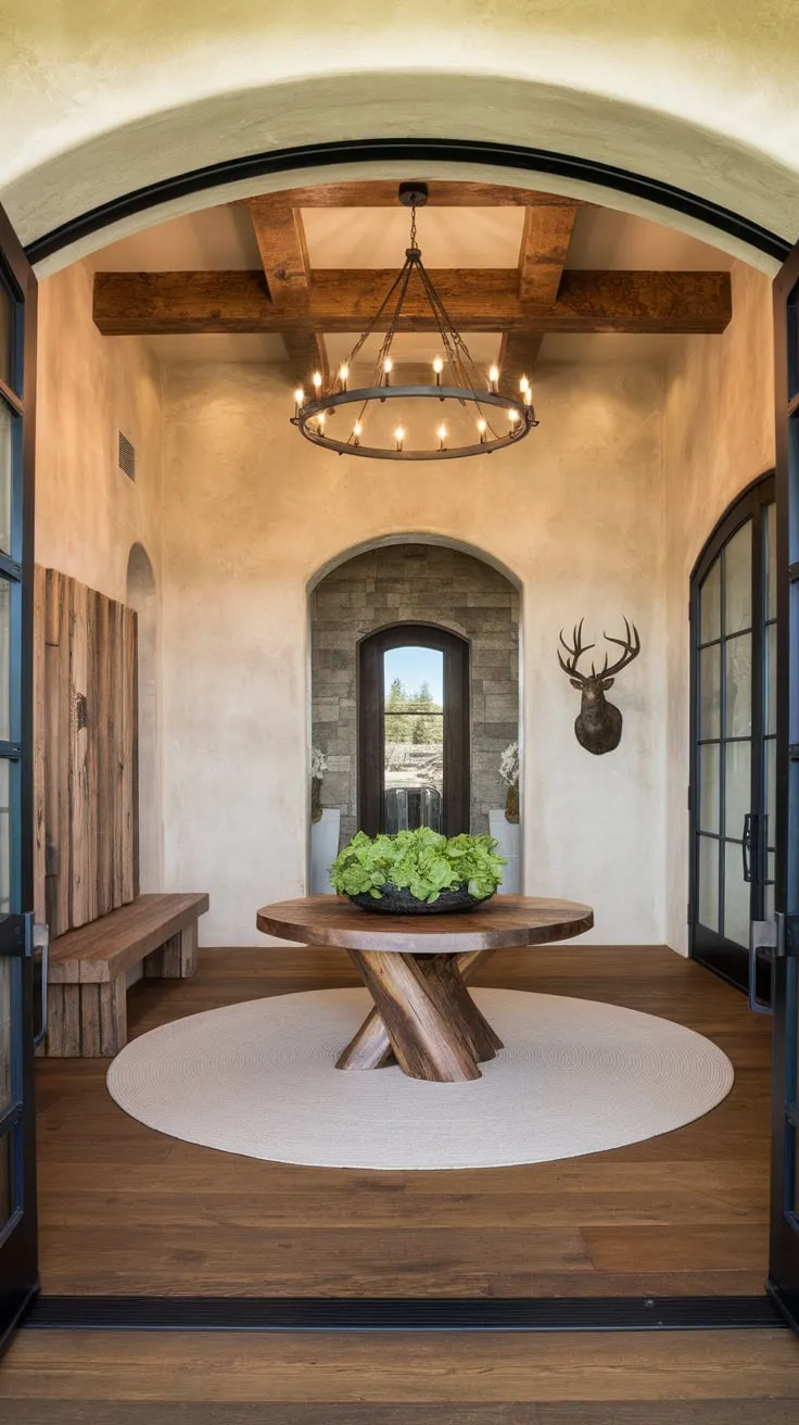 A rustic-chic foyer welcomes guests with a grand wooden entry, chandelier lighting, and curated details like a deer head sculpture and a round wooden table.
