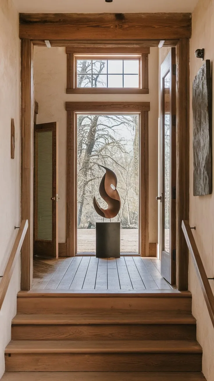 A high-ceilinged rustic foyer entryway boasts a modern sculpture, textured walls, and wooden plank floors, creating a dramatic and inviting first impression
