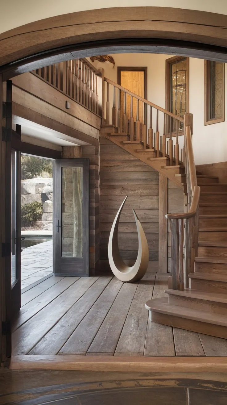 Rustic wooden planks and warm lighting enhance the luxurious feel of this home's captivating foyer entryway, complete with a modern sculpture and access to the outdoors.