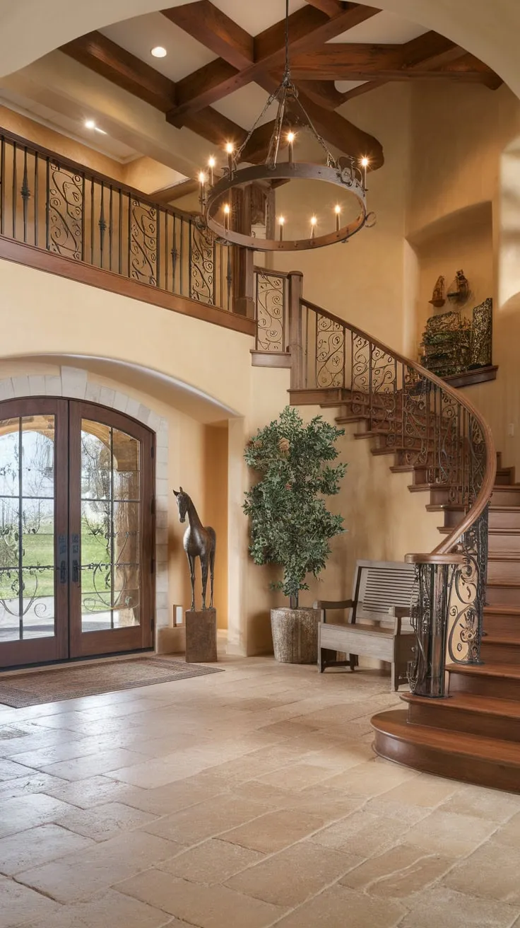 Warm beige tones, a wooden bench, and tasteful décor welcome guests into a stunning luxury home entryway.