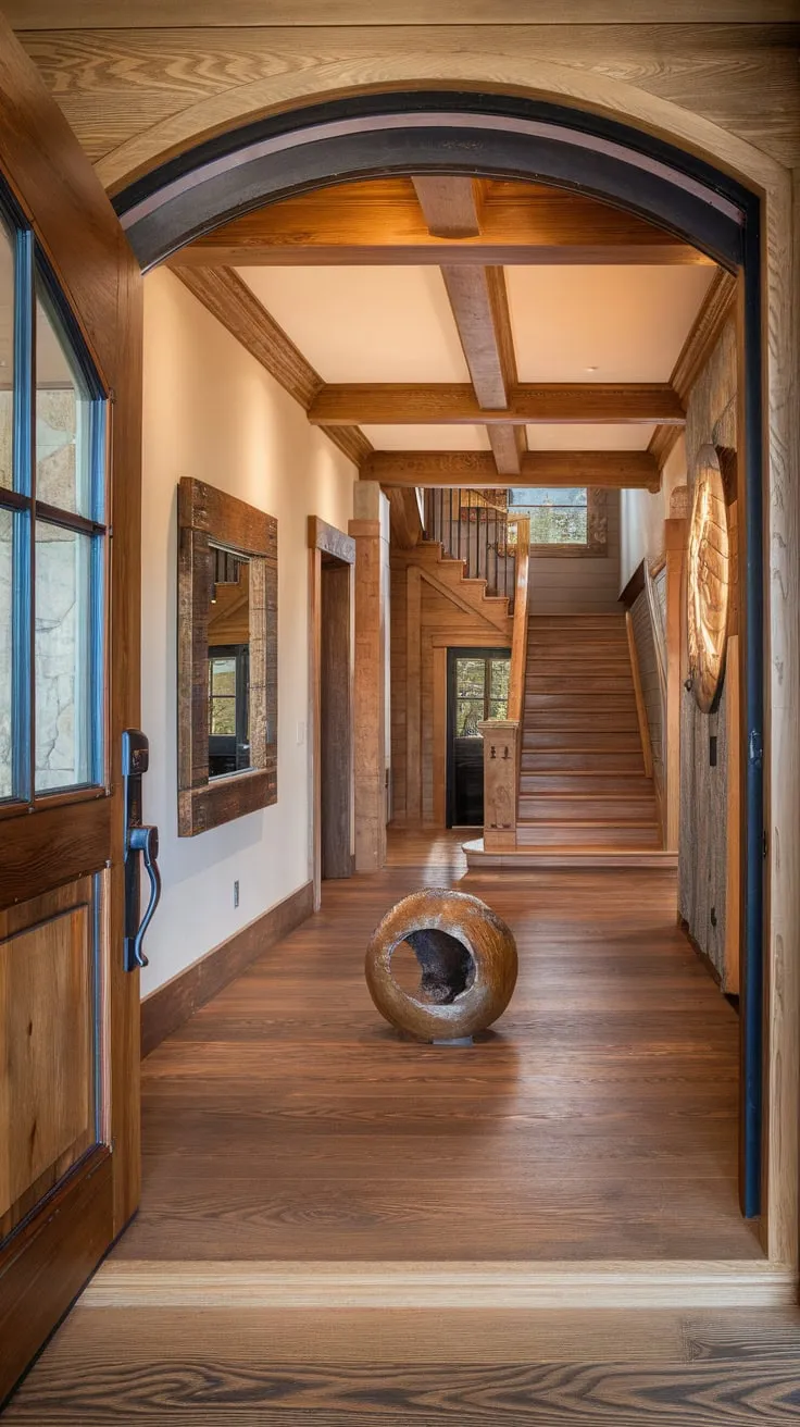 Warm lighting illuminates a luxurious rustic foyer featuring a wooden staircase, paneled walls, and a striking metal sculpture, creating an inviting entryway.