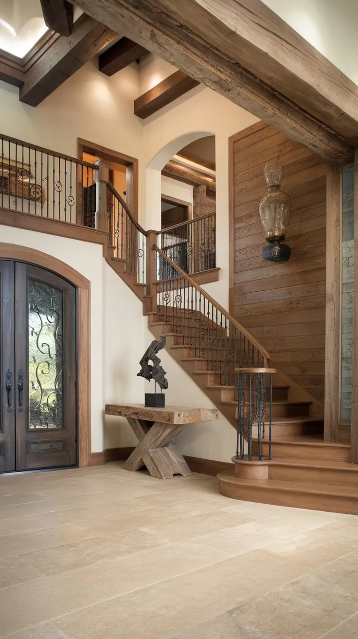 A high-ceilinged foyer boasts a rustic wooden staircase, paneled walls, and a beige tile floor creating a luxurious yet homey entrance.