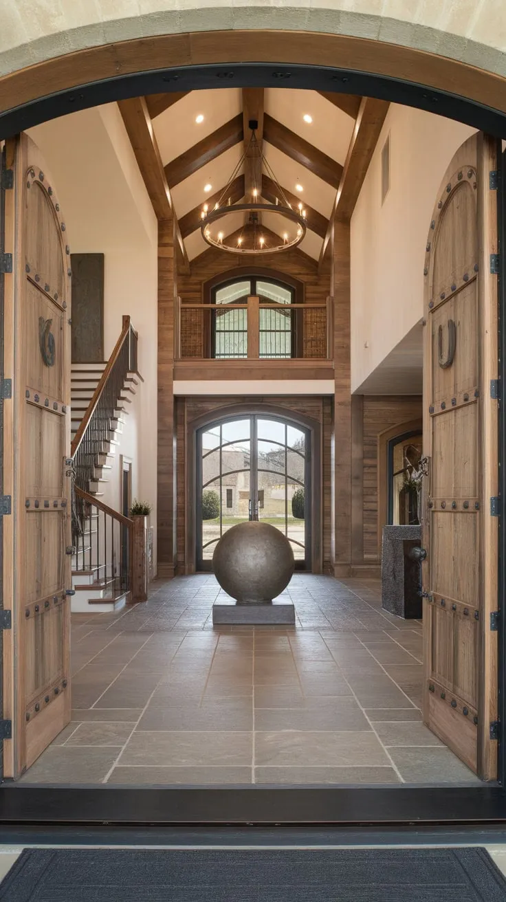 Rustic charm meets luxury in a high-ceilinged foyer featuring a wooden staircase, tiled floors, and a stunning central sculpture illuminated by a grand chandelier.