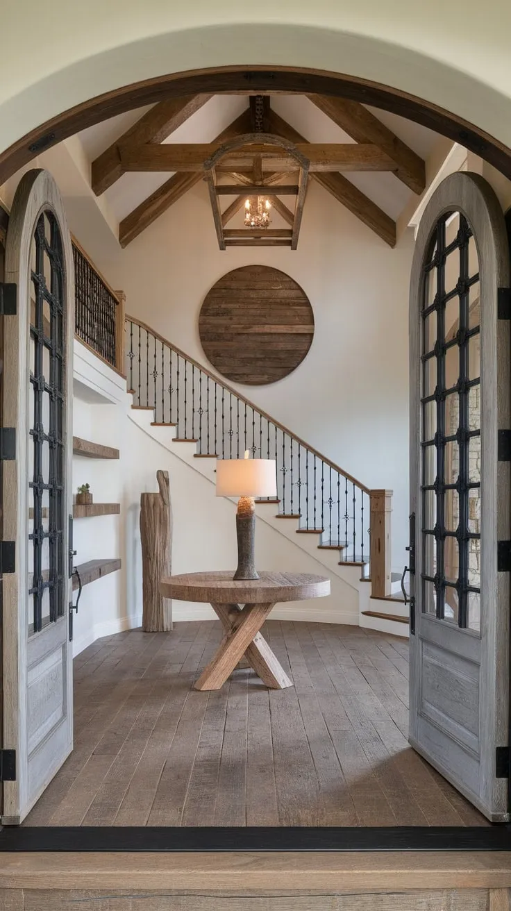 A rustic wooden chandelier illuminates a grand foyer featuring a high ceiling, wooden staircase, and ample rustic furnishings creating a luxurious yet homey entrance.