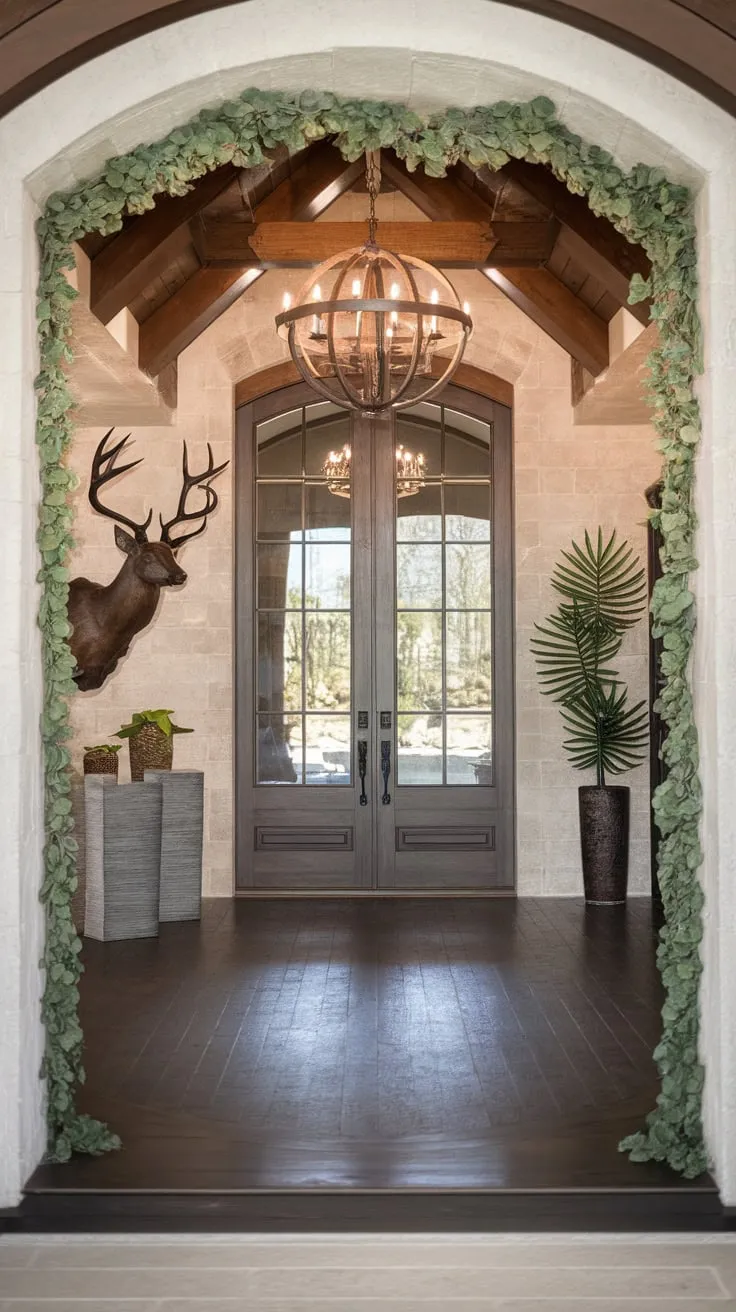 A luxurious entryway blends rustic charm and elegance, featuring a large wooden door, wooden floors, a stunning chandelier, and a deer head sculpture against a backdrop of greenery.