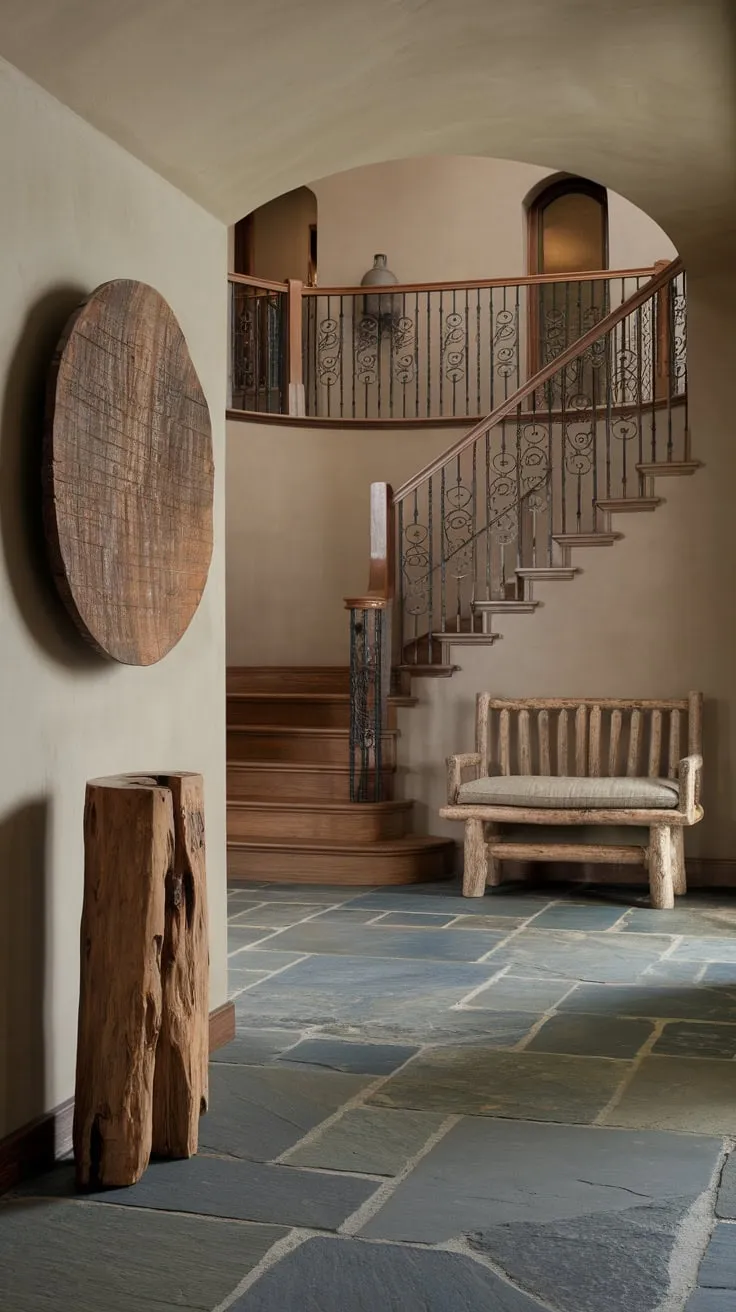 Muted beige walls and a textured wooden sculpture complement the grey slate floor and rustic wooden bench in this charming high entryway.
