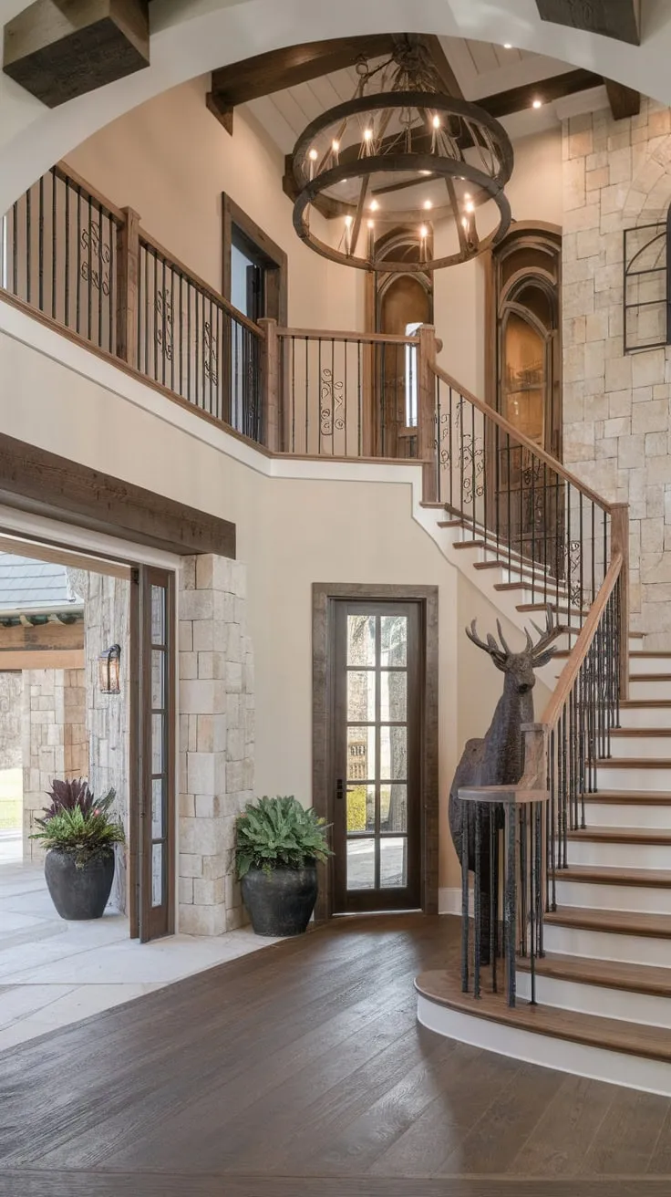 A high-ceilinged stone foyer with a wooden staircase, wrought iron railing, and rustic chandelier welcomes guests to a luxurious yet rustic home.