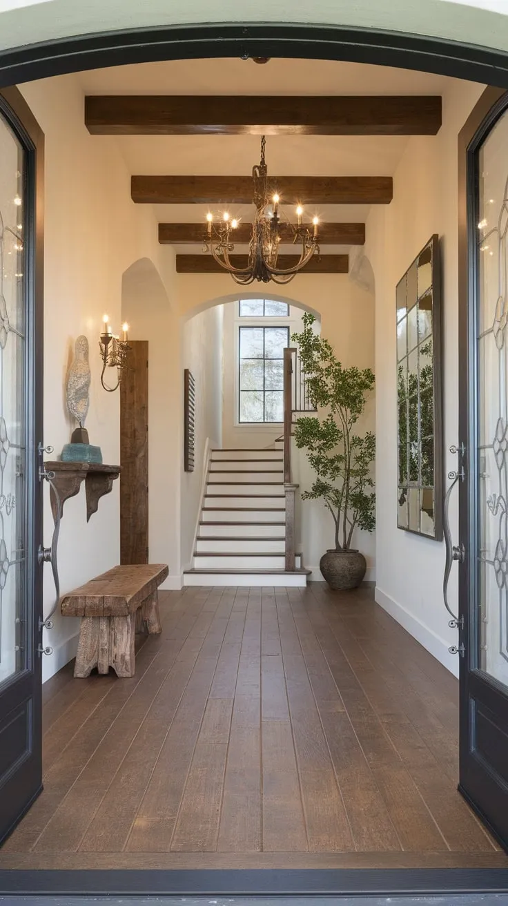 A luxurious rustic foyer welcomes you with hardwood floors, a grand chandelier, and charming details like a sculpted shelf and a plant-filled bench, leading to a bright staircase.