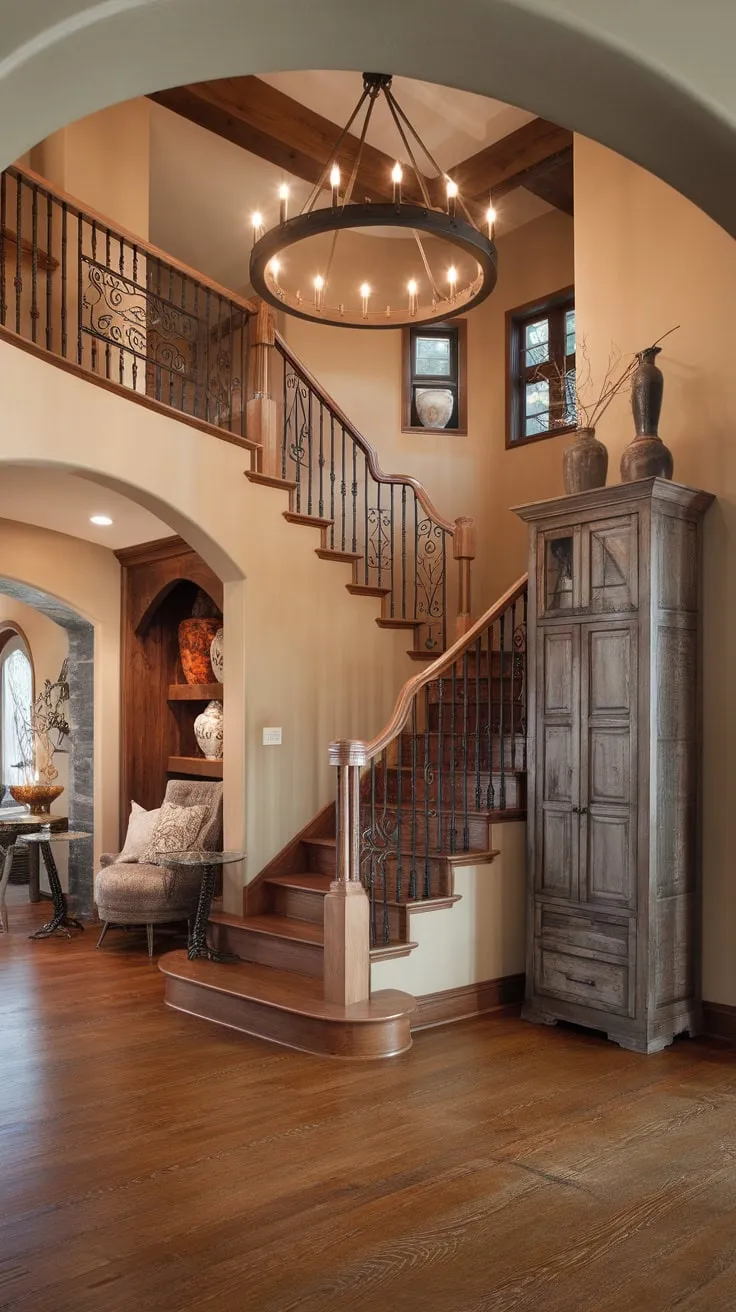 Warm beige walls and a grand chandelier enhance the inviting atmosphere of this stunning entryway.