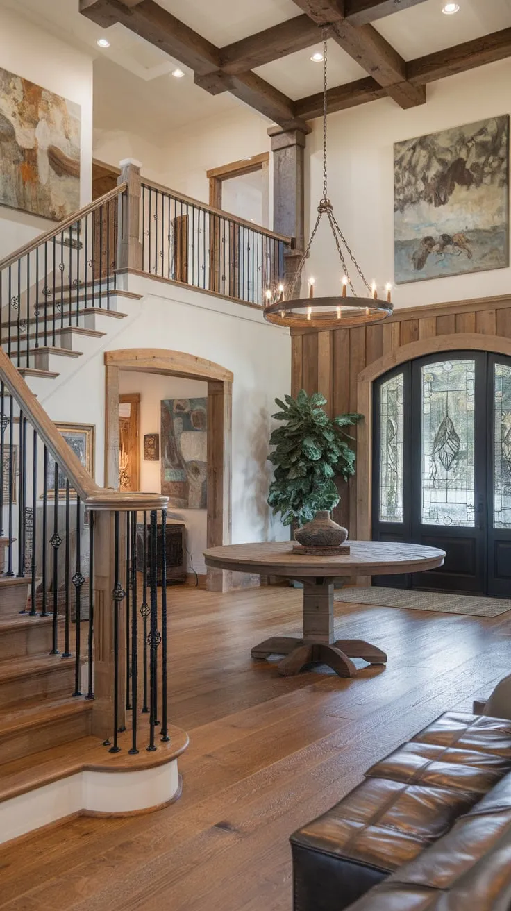 A grand foyer welcomes you with rustic charm, boasting a high ceiling, wooden staircase, and a captivating blend of wood and iron.