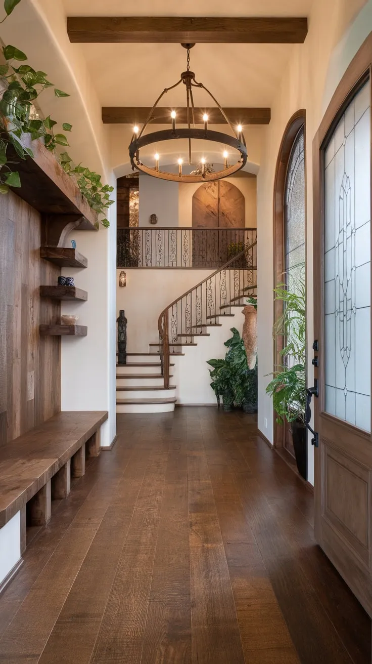 Warmth and luxury blend seamlessly in this foyer, featuring rustic wood, a stunning chandelier, and elegant wrought iron accents.