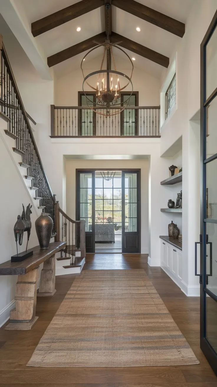 A high-ceilinged foyer boasts a rustic-chic blend of dark wood, iron, and a grand chandelier, creating a luxurious yet minimalist entryway.