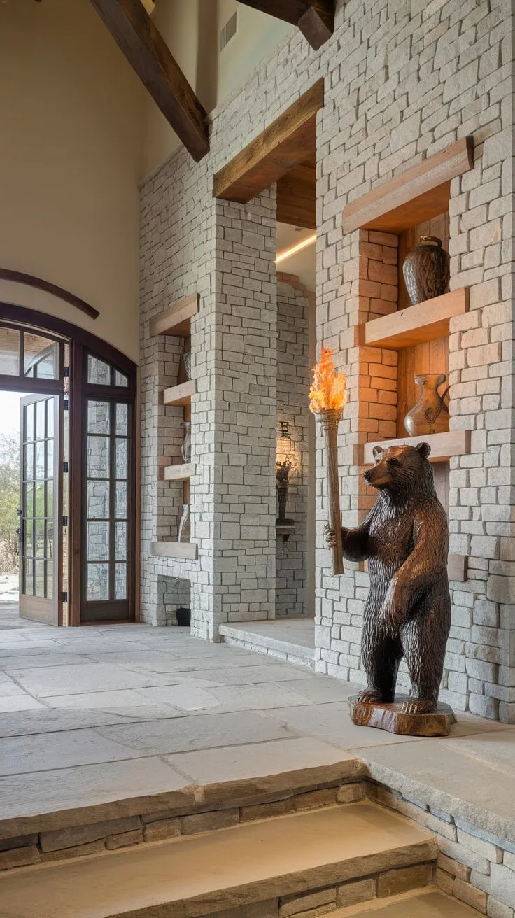 A rustic-chic foyer welcomes guests with a towering stone-walled entry, a majestic bear sculpture, and a high-beamed ceiling.