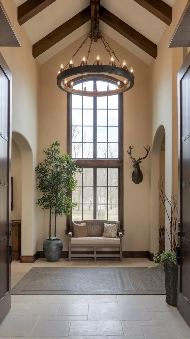A high-ceilinged foyer boasts rustic charm with a chandelier, wooden bench, and deer head sculpture, creating a luxurious yet welcoming entryway